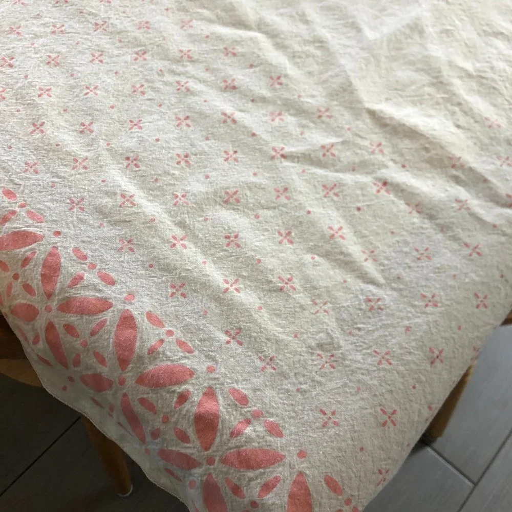 Vintage Beige Floral Tablecloth - 1960s Midcentury Modern Cottagecore Decor
